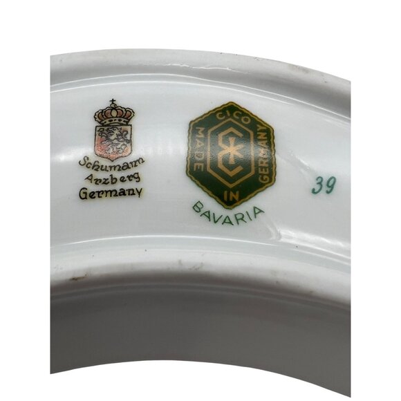 Schumann Arzberg Bavaria Floral Garland Crescent Bone Dishes Pair 8in Gold Rim - Picture 3 of 6